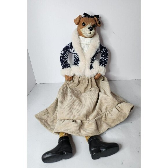 VINTAGE Female Terrier Dog Figurine Shelf Sitter Plush Resin Christmas Sweater - Picture 1 of 8